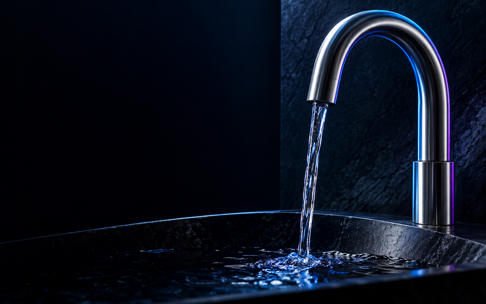 Illustrative chrome faucet and flowing water, lit in blue against dark stone