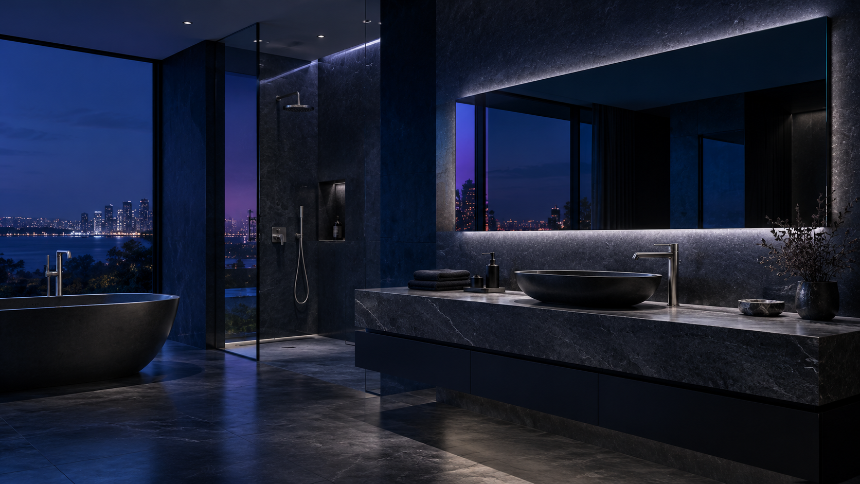 Illustrative dark stone bathroom with chrome fixtures and architectural blue-hour lighting